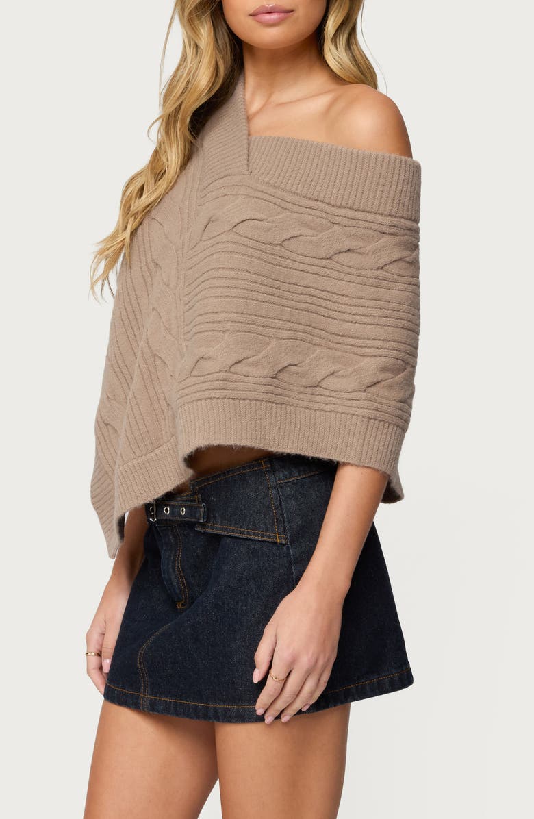 EDIKTED Vickey Cable Stitch One-Shoulder Poncho, Alternate, color, Brown
