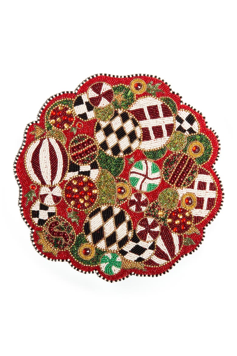 Jolly Ornaments Beaded Placemat, Main, color, RED