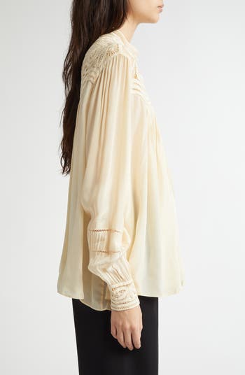 【送料&関税込】Bode Cream Satin Threadwork Blouse Bode Threadwork Tippet Tape Lace Blouse - Bergdorf Goodman
