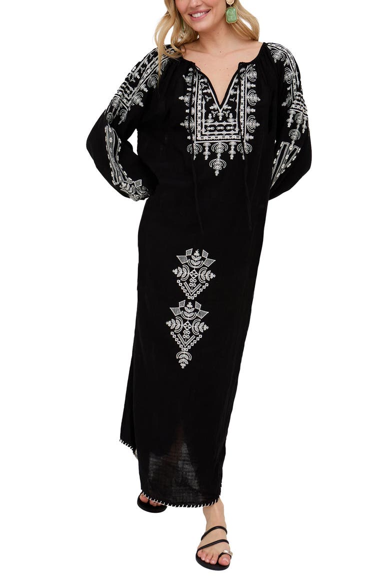 Aurelia Kaftan Style Embroidered Maxi Dress, Main, color, Black