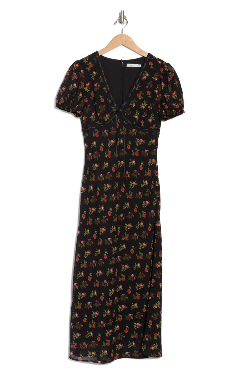 Lush Lace Trim Puff Sleeve Empire Waist Midi Dress, Alternate, color, Black Red Floral