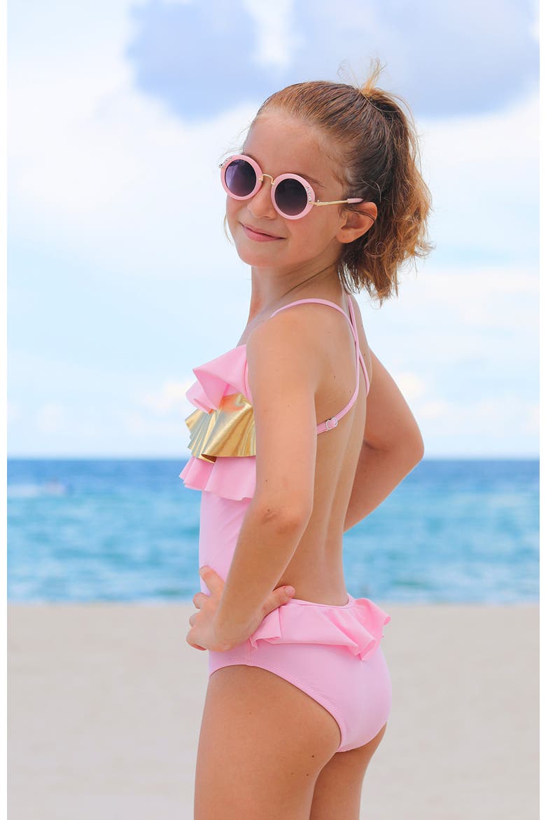 Shimmering  Ruffle Detail One-Piece Swimsuit, Alternate, color, Pastel Pink
