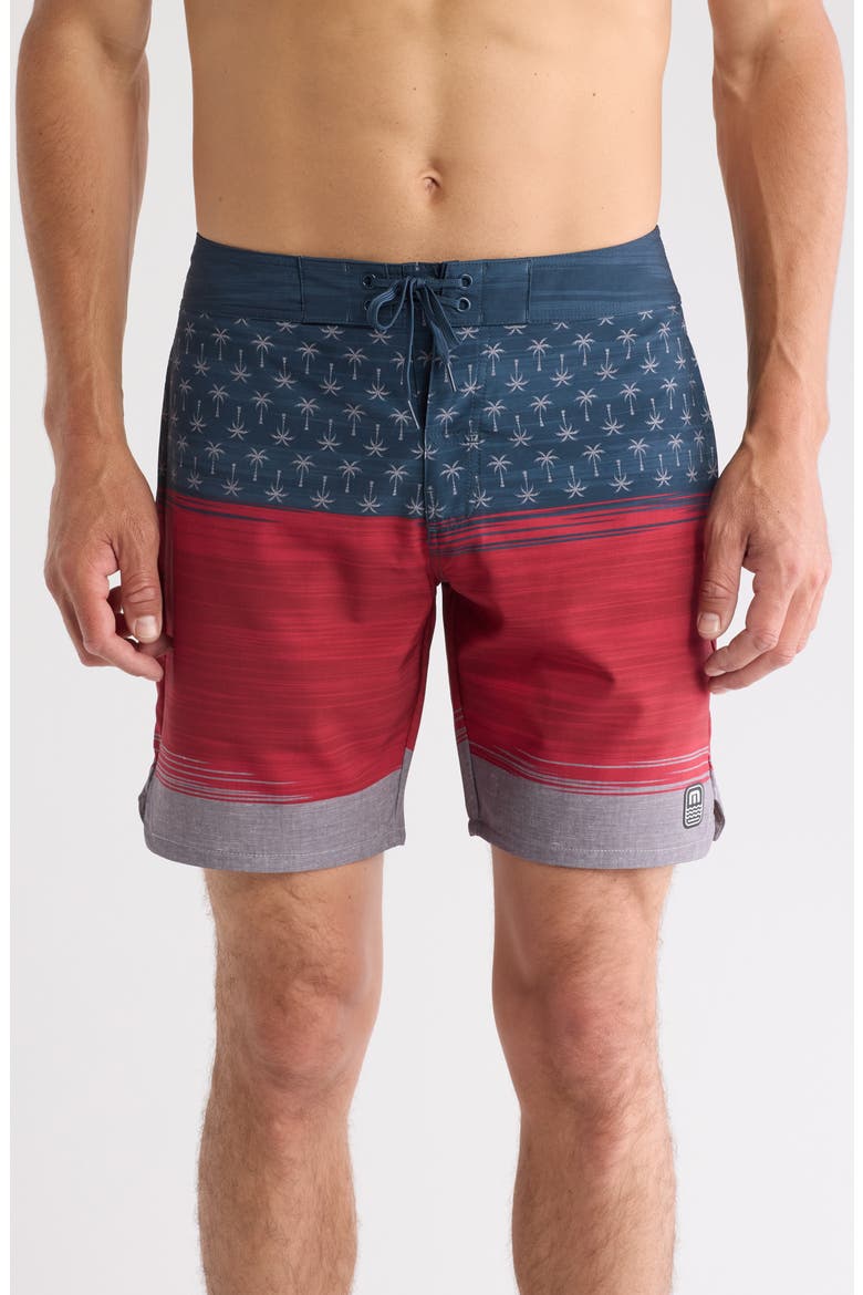 Palm Tree Fun Board Shorts, Main, color, HEATHER BLUE NIGHTS