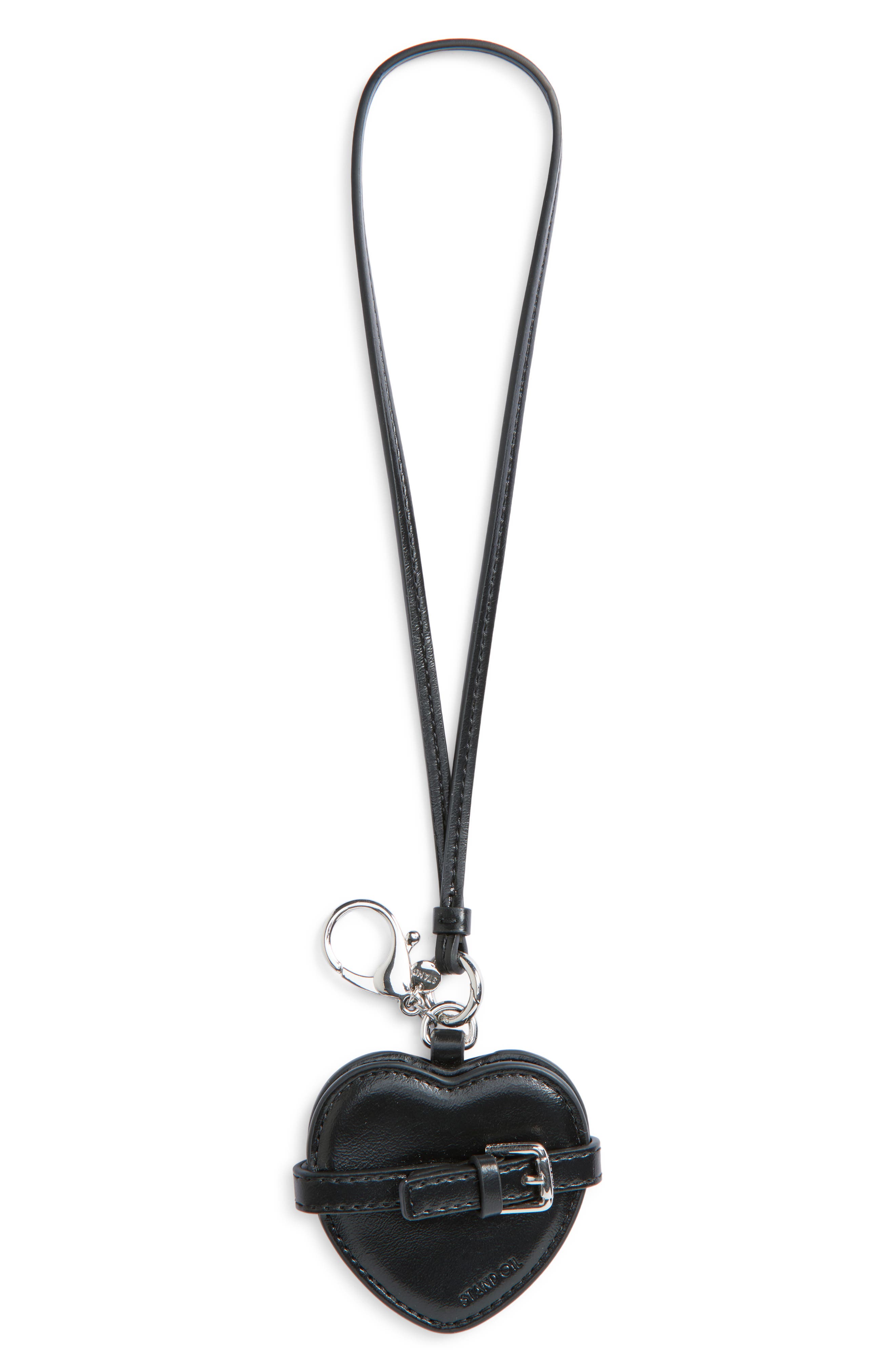 Stand Oil Belted Heart Mirror Faux Leather Key Ring Bag Charm, Main, color, Black