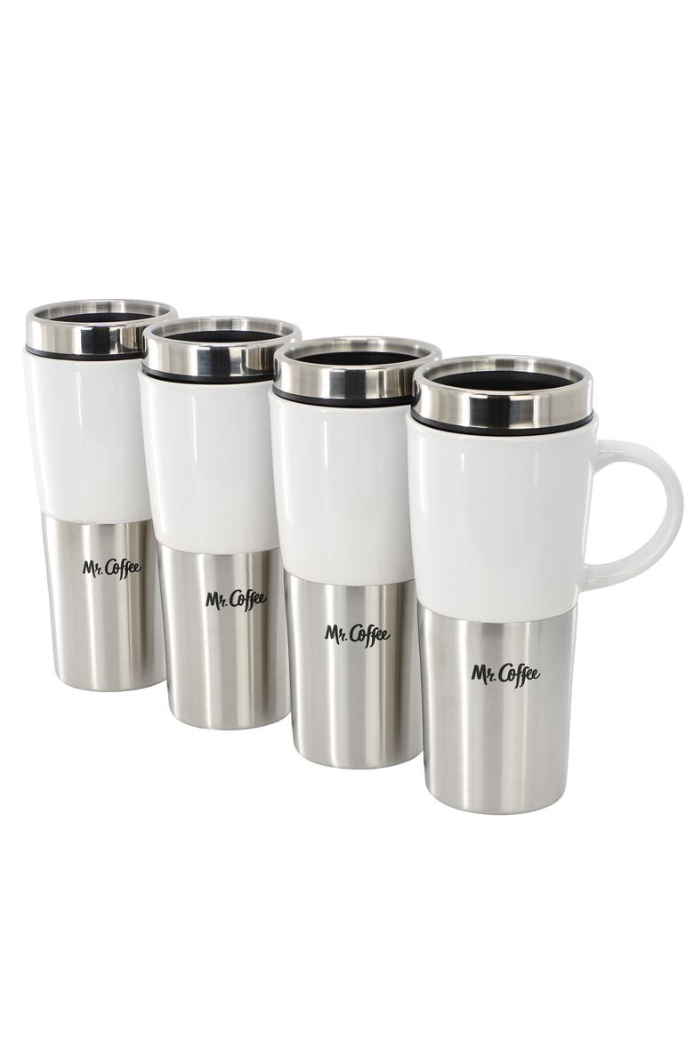 Mr. Coffee Travertine 4 Piece 16 Ounce Stoneware and Stainless Steel Travel Mug With Lid, Main, color, White
