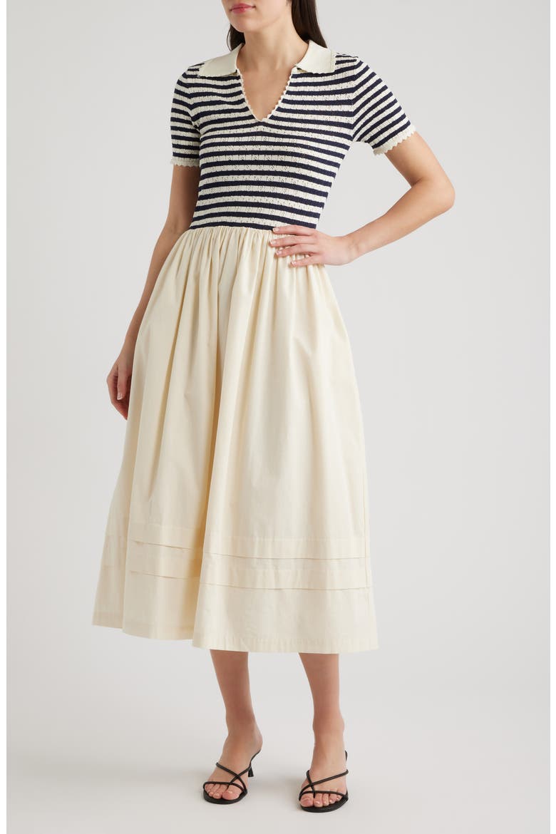 Hybrid Stripe Pointelle Rib & Woven Dress, Main, color, CREAM