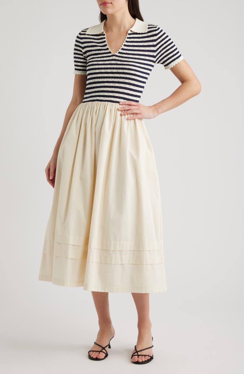 ZOE AND CLAIRE Hybrid Stripe Pointelle Rib & Woven Dress, Main, color, Cream