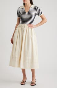ZOE AND CLAIRE Hybrid Stripe Pointelle Rib & Woven Dress