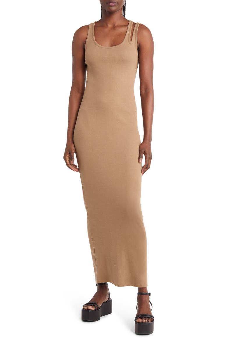 Ribbed Midi Tank Dress, Main, color, TAN LEAD