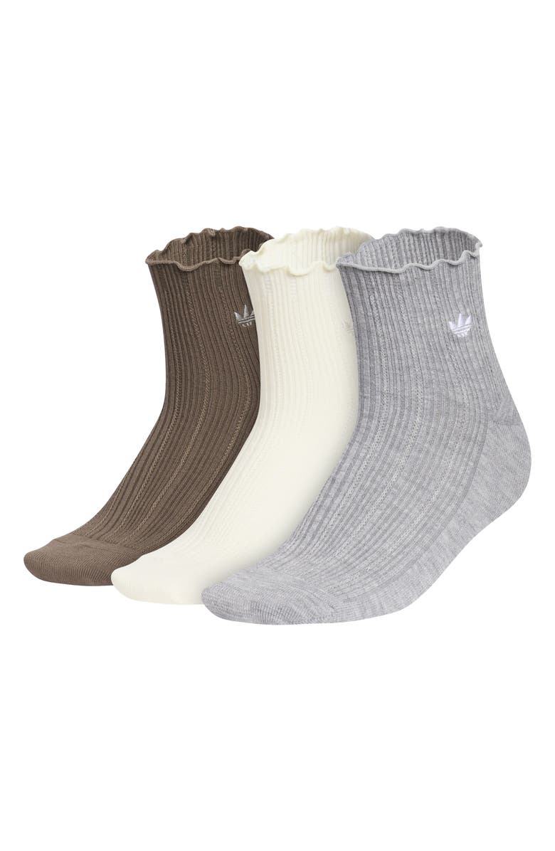 adidas Gender Inclusive Originals Assorted 3-Pack Lettuce Edge Ruffle Quarter Socks, Main, color, Branch Brown/ Warm Vanilla
