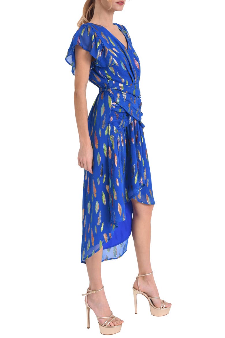 Palmina Metallic Leaf Print High-Low Dress, Alternate, color, BLUE