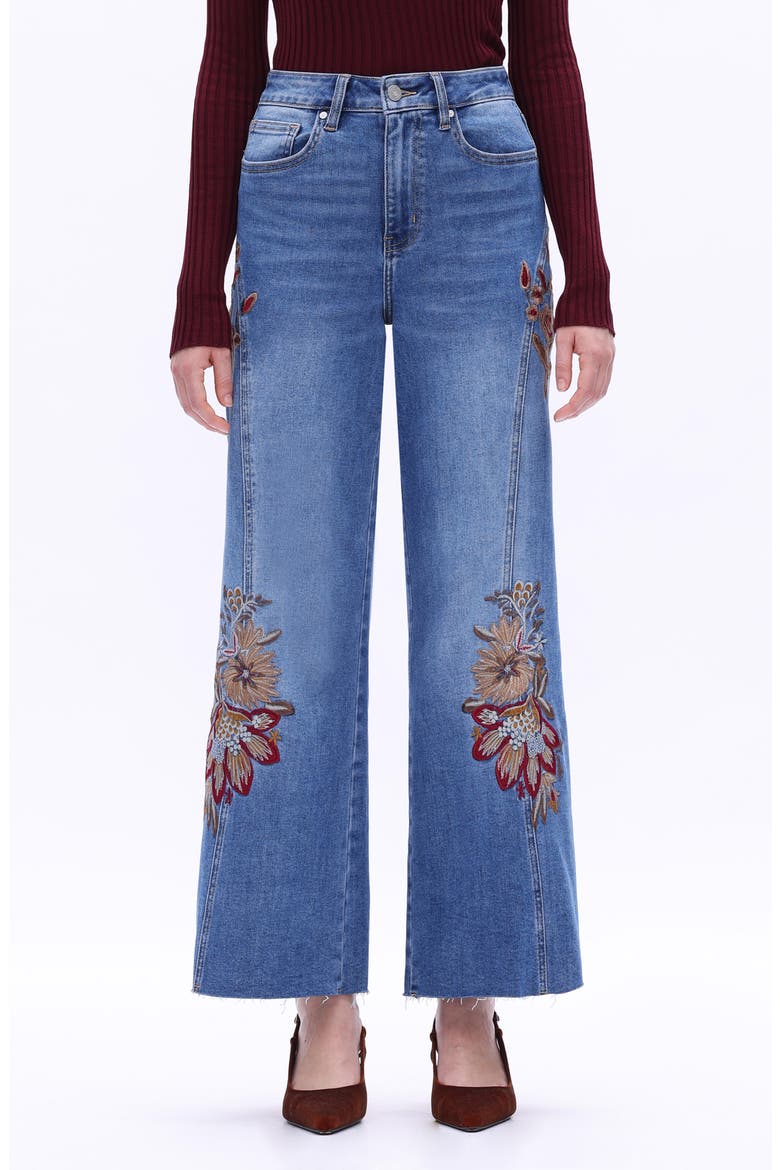 Floral Embroidered High Waist Wide Leg Jeans, Main, color, MEDIUM BLUE