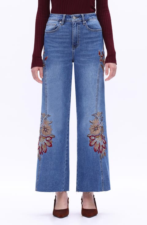 Floral Embroidered High Waist Wide Leg Jeans