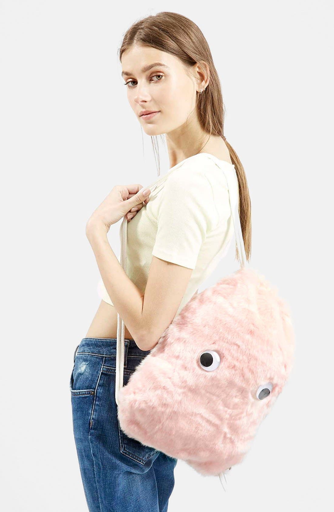Faux Fur Drawstring Backpack, Main, color, PINK