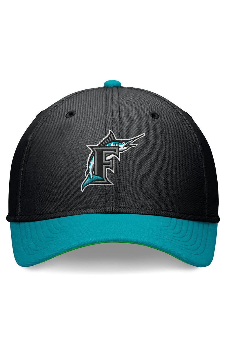 Nike Men's Nike Black/Teal Florida Marlins Cooperstown Collection Rewind Swooshflex Performance Hat, Alternate, color, 
