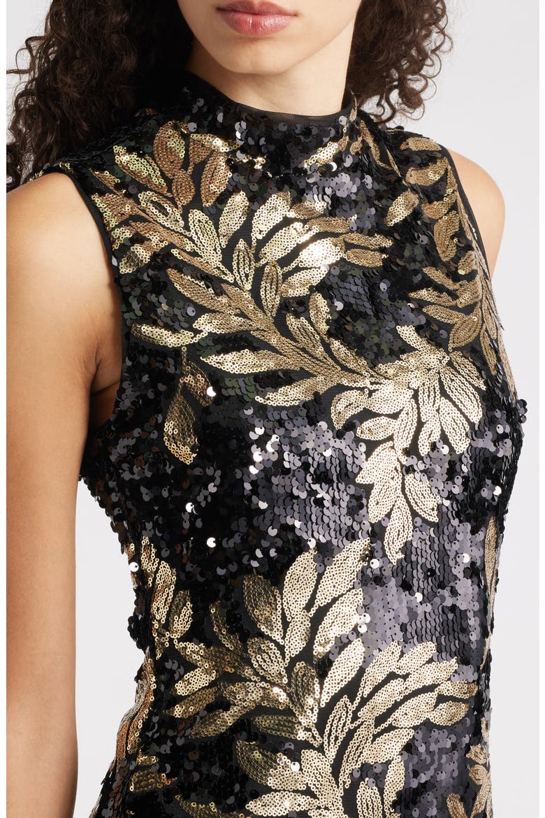 Floral Sequin Mock Neck Midi Dress, Alternate, color, ANNE BLACK/ GOLD