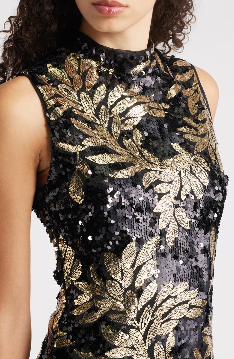 Anne Klein Floral Sequin Mock Neck Midi Dress, Alternate, color, Anne Black/ Gold