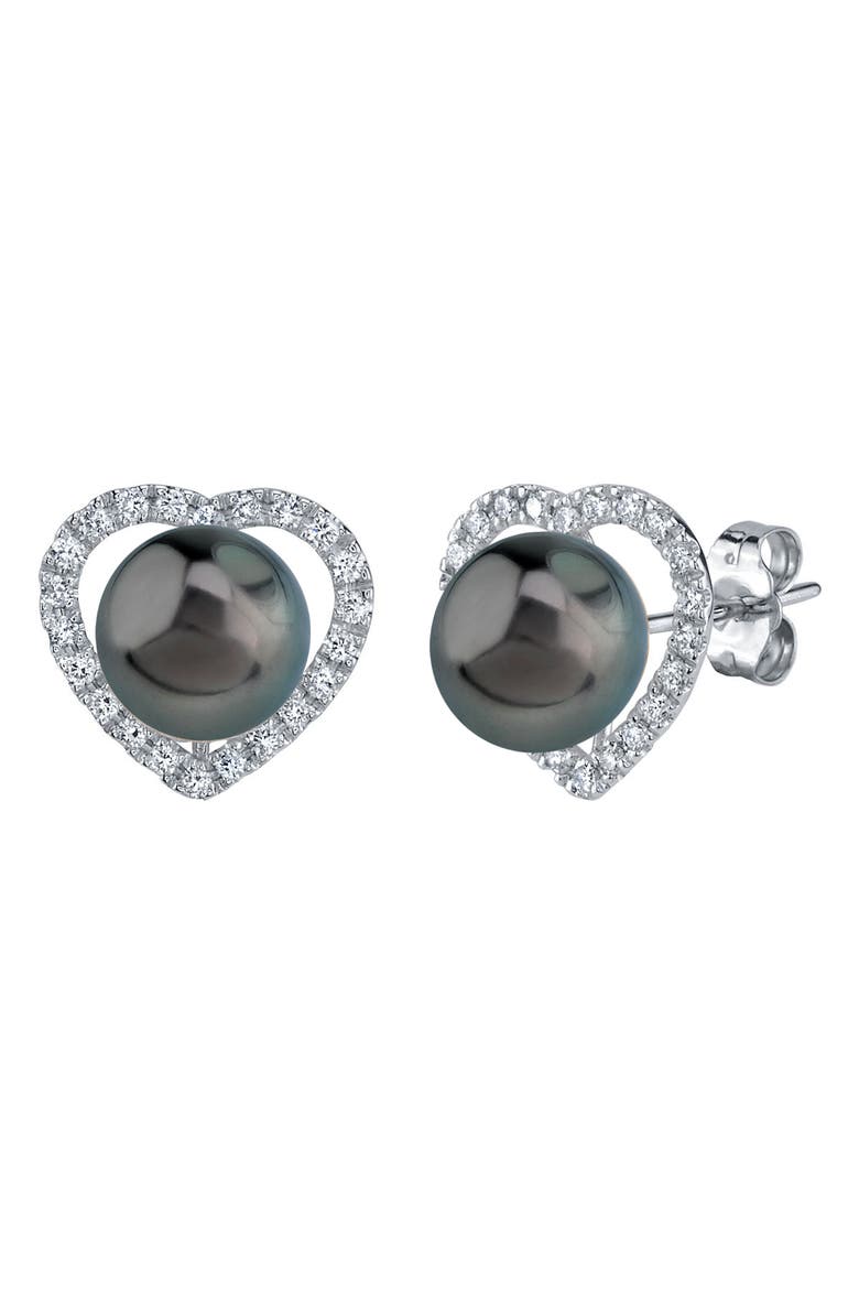 Tahitian South Sea Pearl & Diamond Heart Amour Earrings, Main, color, White Gold