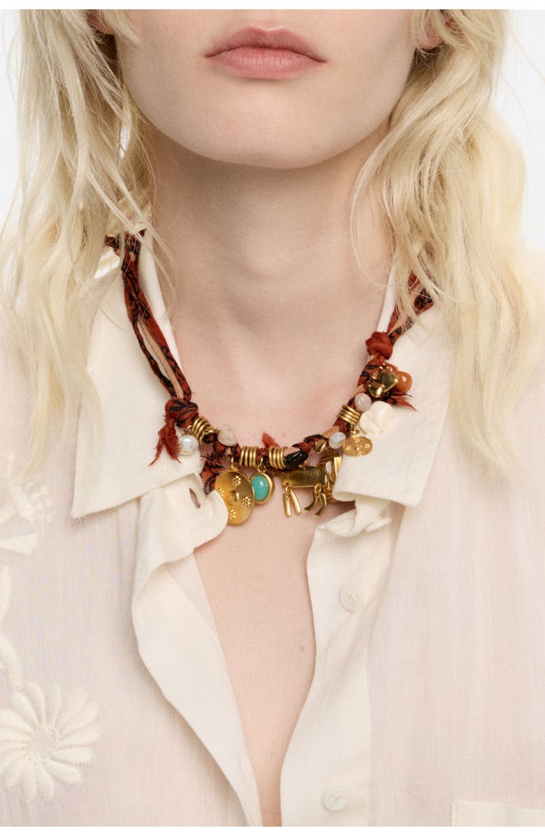 Bimba y Lola Plaited Fabric Necklace With Metal Motifs, Alternate, color, Brown