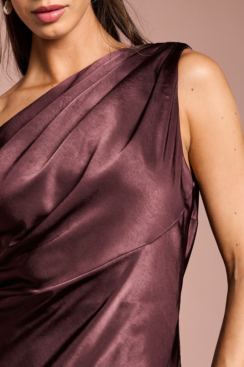 Satin One Shoulder Fishtail Maxi Dress, Alternate, color, Espresso