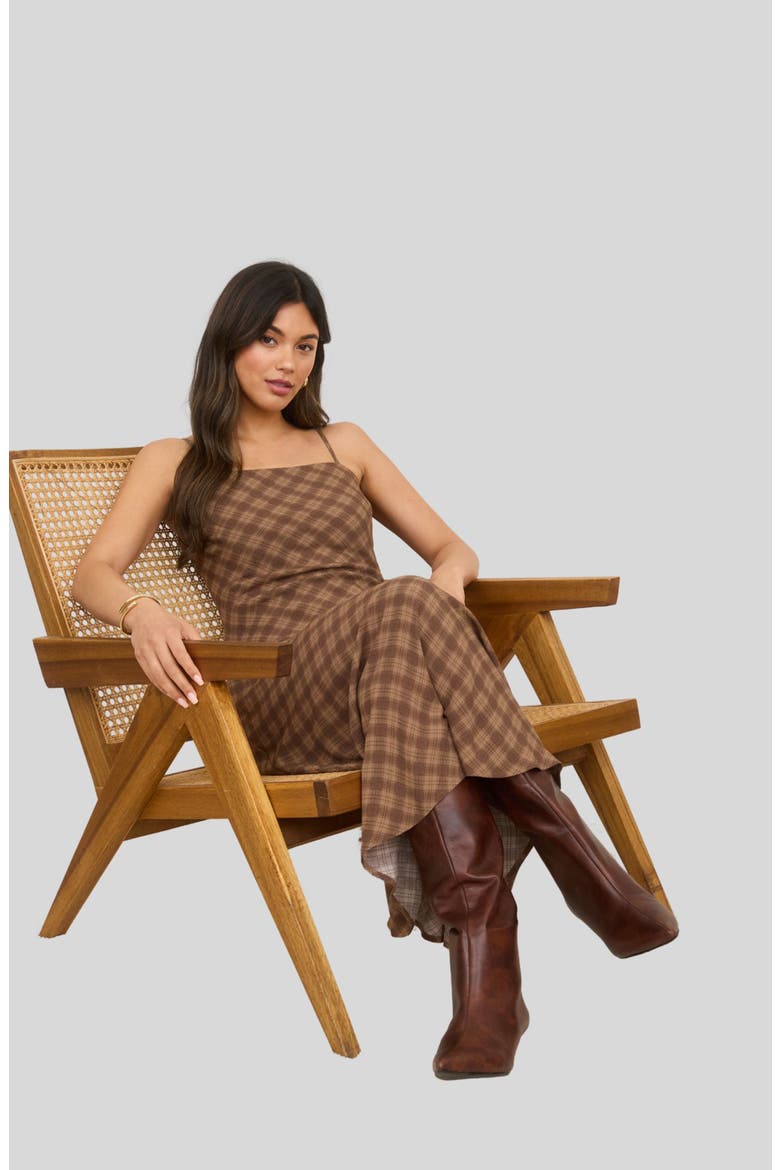 Bias Cut Plaid Midi Dress, Alternate, color, BROWN MULTI