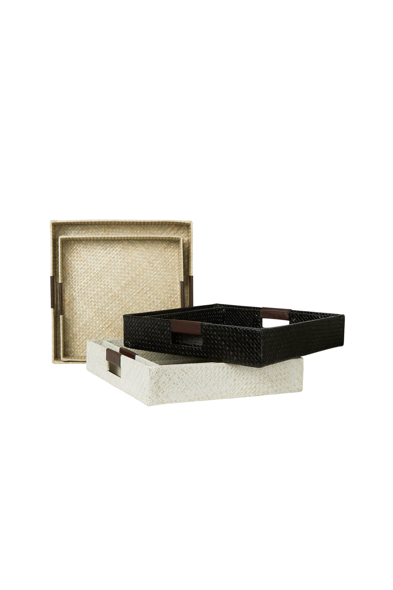 Multi Color Decorative Trays with Leather Handles - Set of 2, Alternate, color, Black