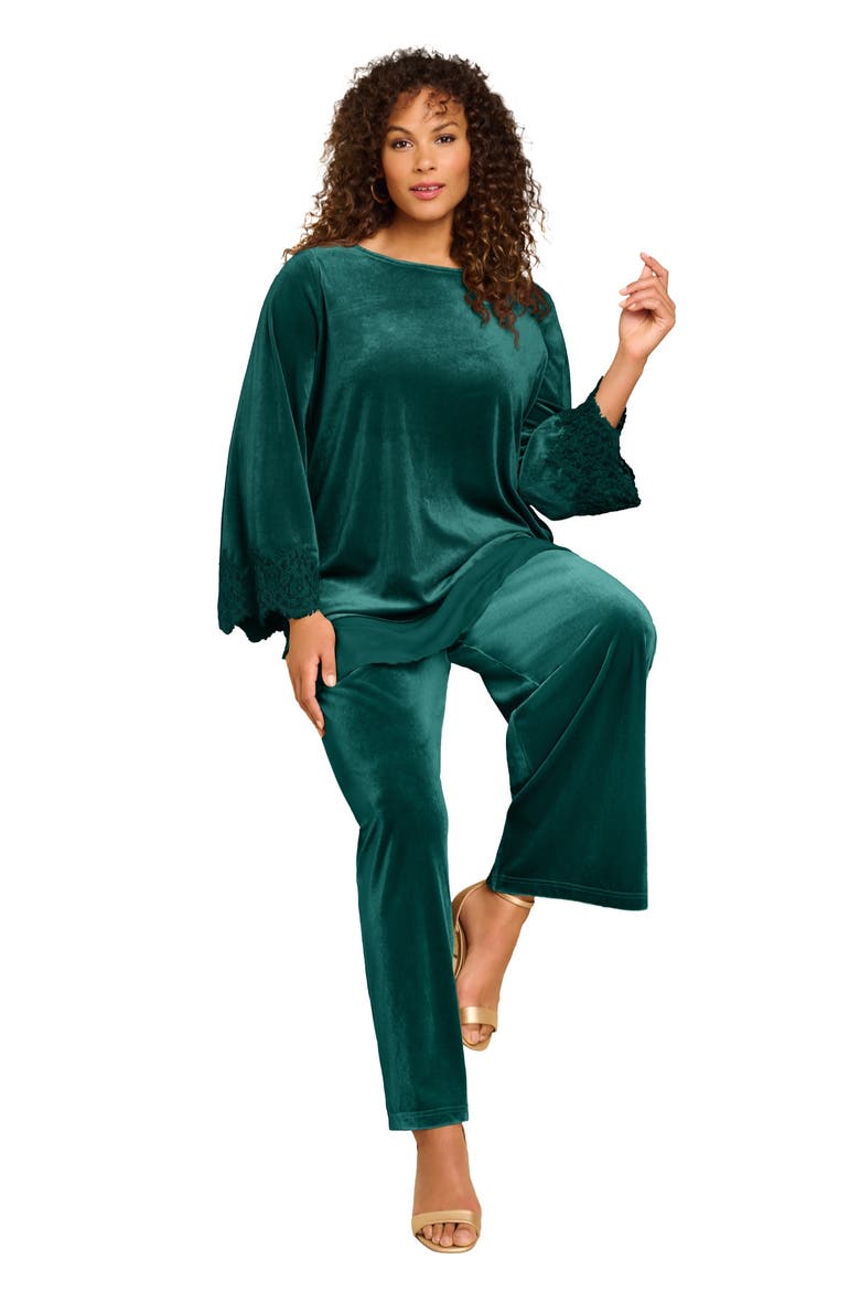 Lace Trim Velour Tunic, Main, color, EMERALD GREEN