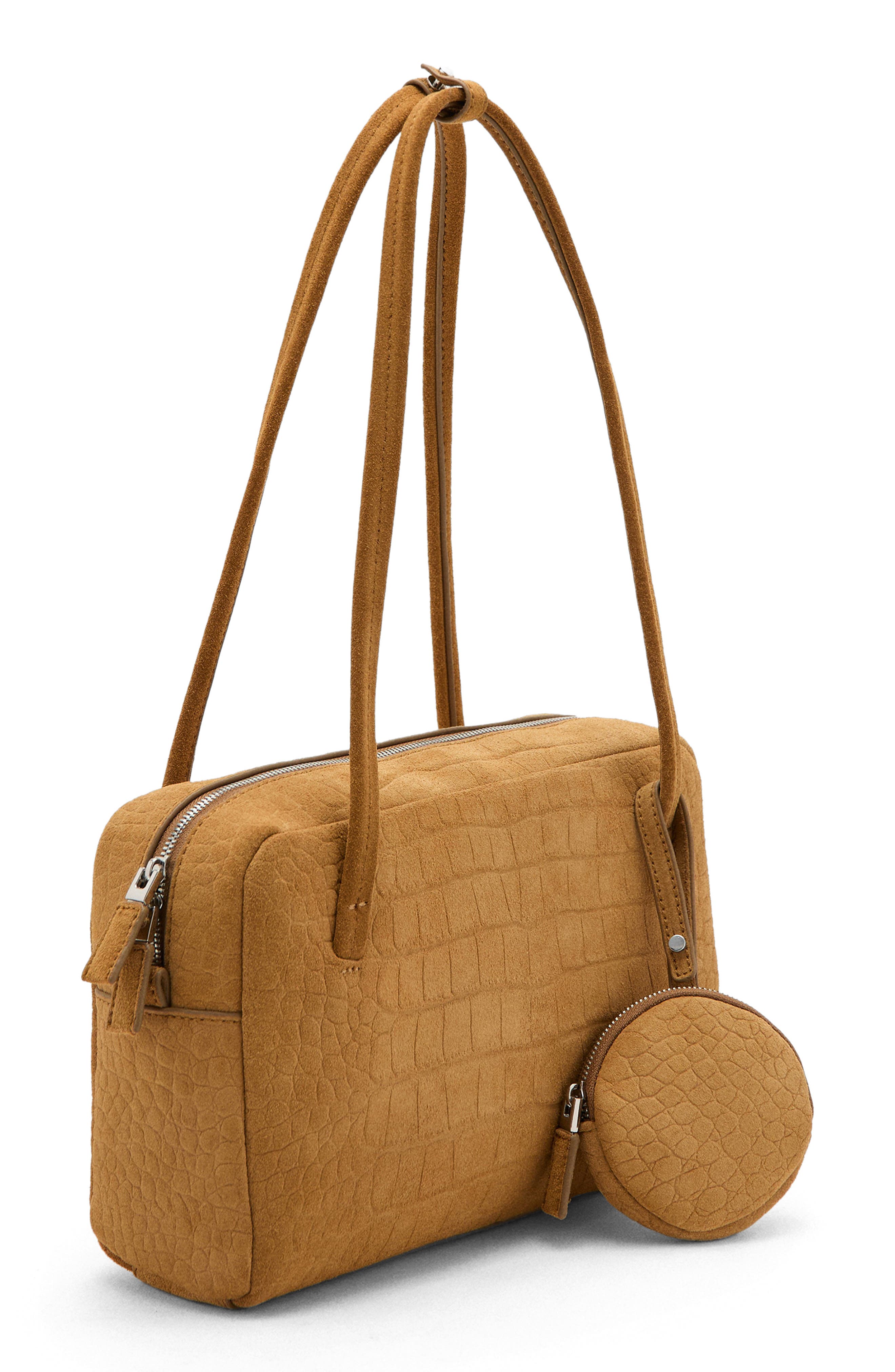 MANGO Small Suede Bowling Bag, Alternate, color, Ochre