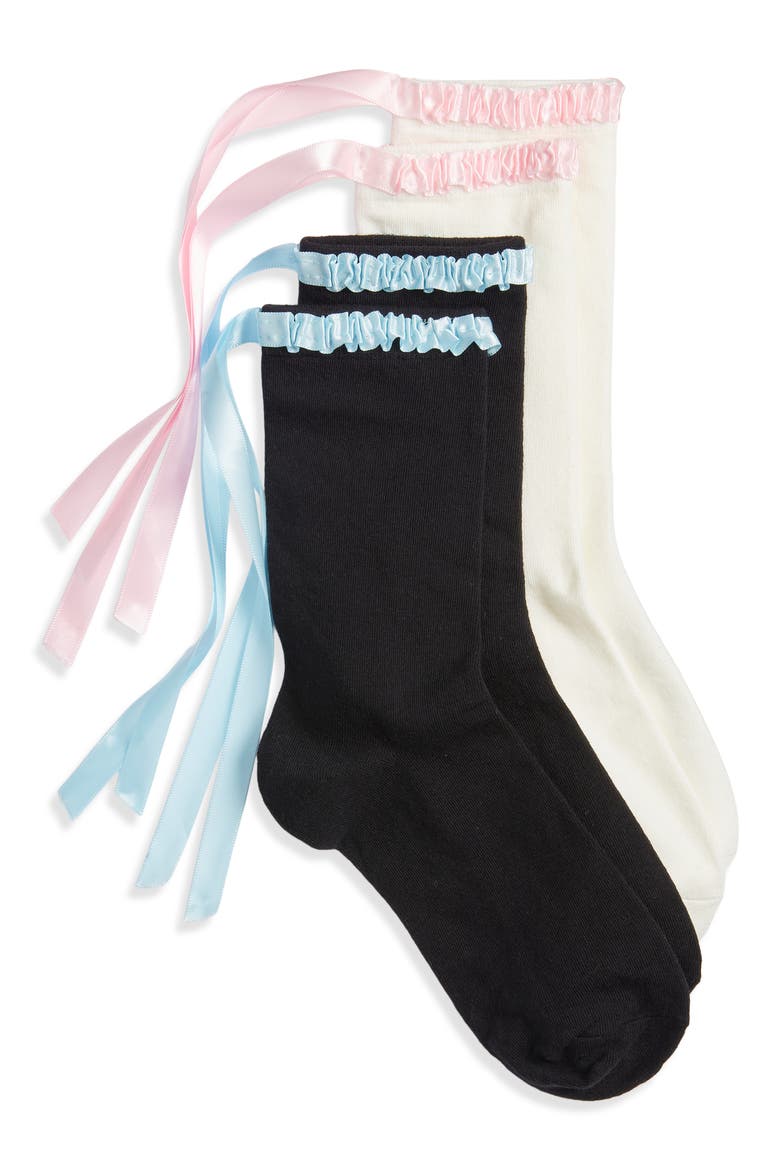 Lara Satin Ribbon Trim Cotton Blend Crew Socks, Main, color, BLUE PINK