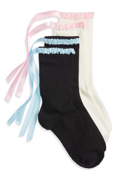 Lara Satin Ribbon Trim Cotton Blend Crew Socks