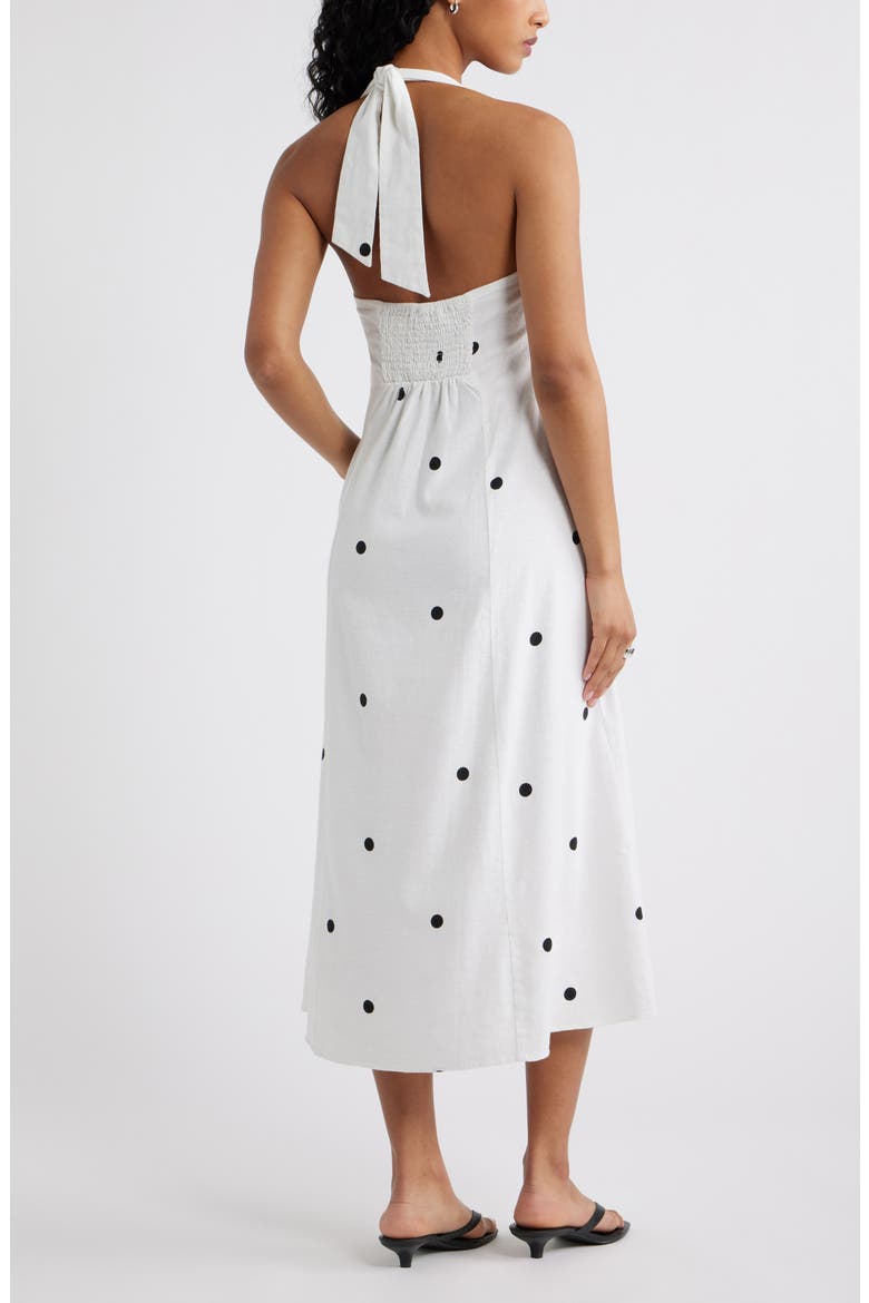 Linen Blend Halter Midi Dress, Alternate, color, WHITE- BLACK GRANDE DOT