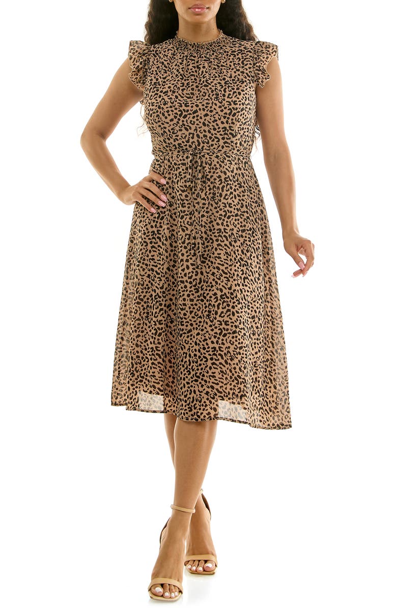 Nina Leonard Smock Chiffon Midi Dress, Main, color, Tan/Black