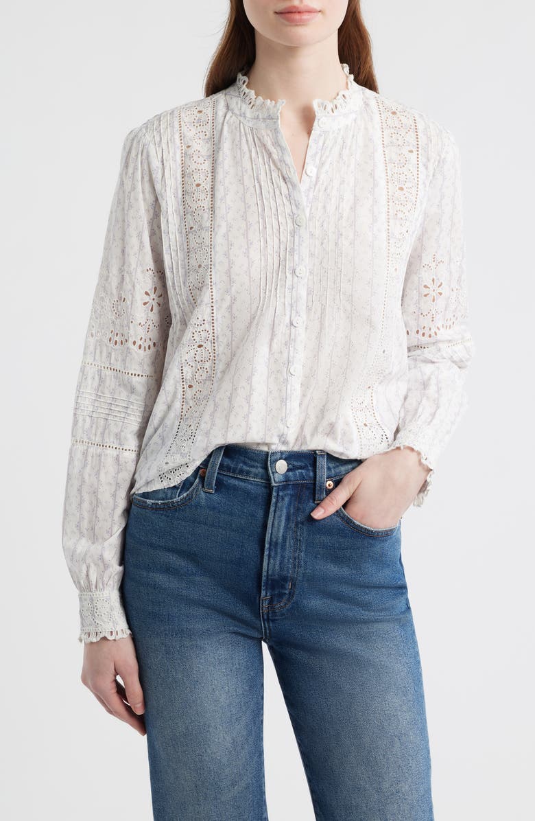 LoveShackFancy Lal Floral Embroidered Eyelet Cotton Button-Up Shirt, Main, color, Blue Bonnet