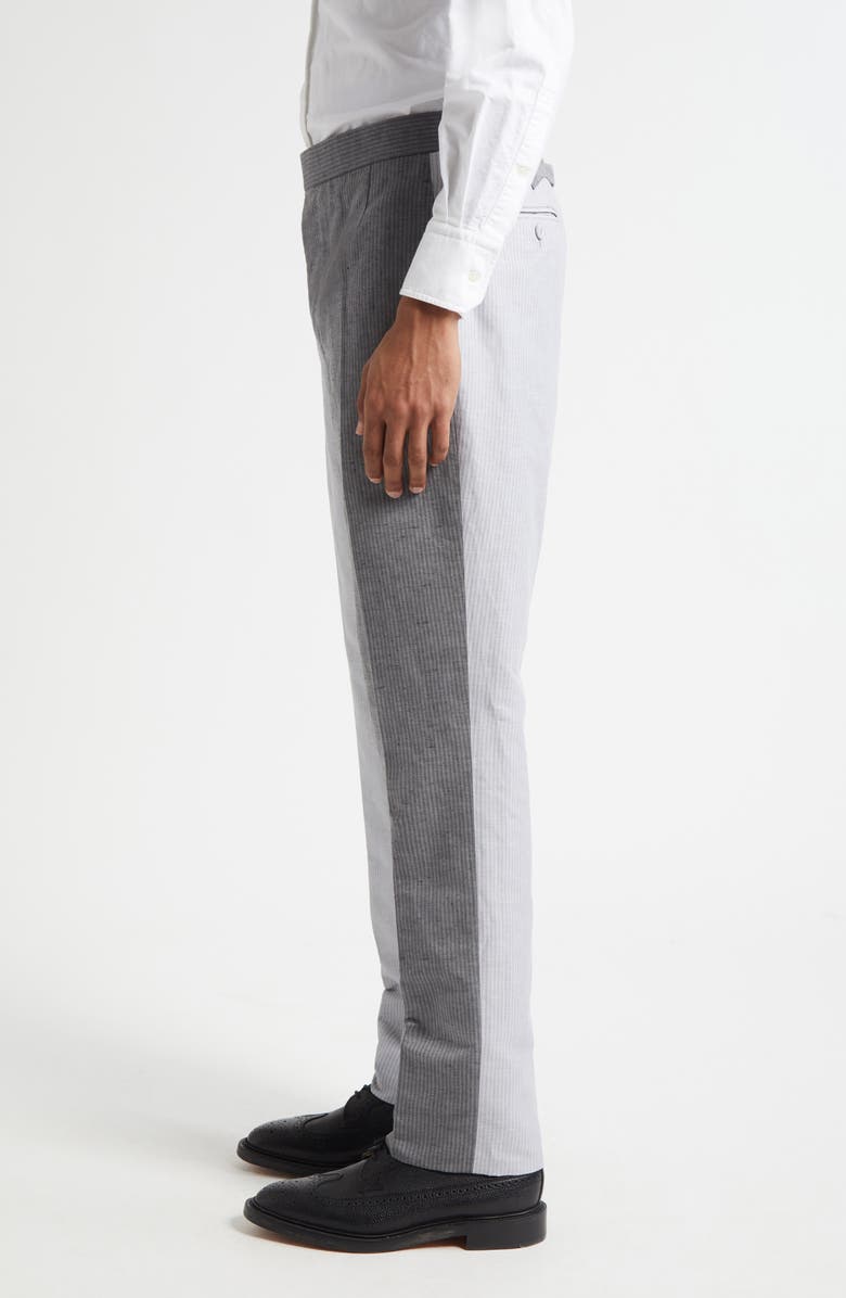 Thom Browne Stripe Colorblock Linen & Cotton Backstrap Pants, Alternate, color, Light Grey