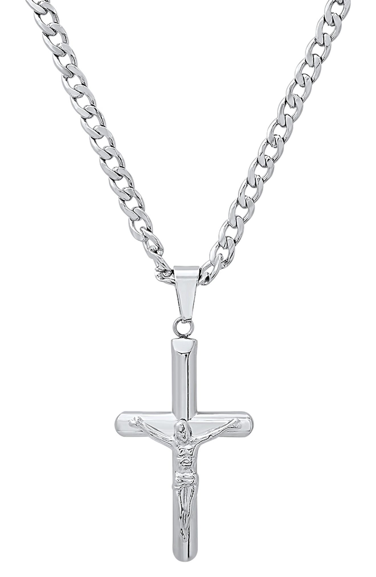 HMY JEWELRY Men's Stainless Steel Tubular Crucifix Pendant Necklace