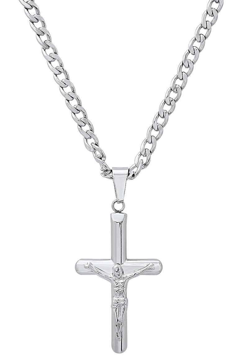 Men's Stainless Steel Tubular Crucifix Pendant Necklace, Main, color, SILVER