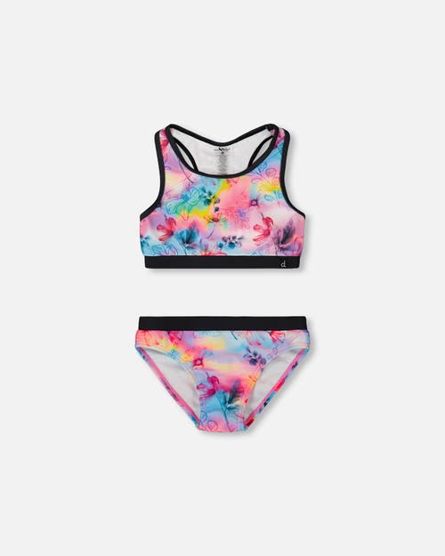 DEUX PAR DEUX DEUX PAR DEUX LITTLE GIRL'S PRINTED TWO-PIECE RACERBACK SWIMSUIT BUTTERFLIES ON MULTICOLORED AND BLA 