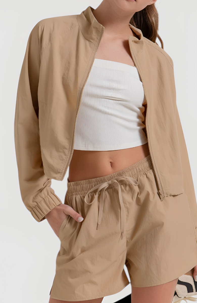 Modenaire Cropped Zip Front Jacket and High Waist Drawstring Shorts Set, Alternate, color, Tan