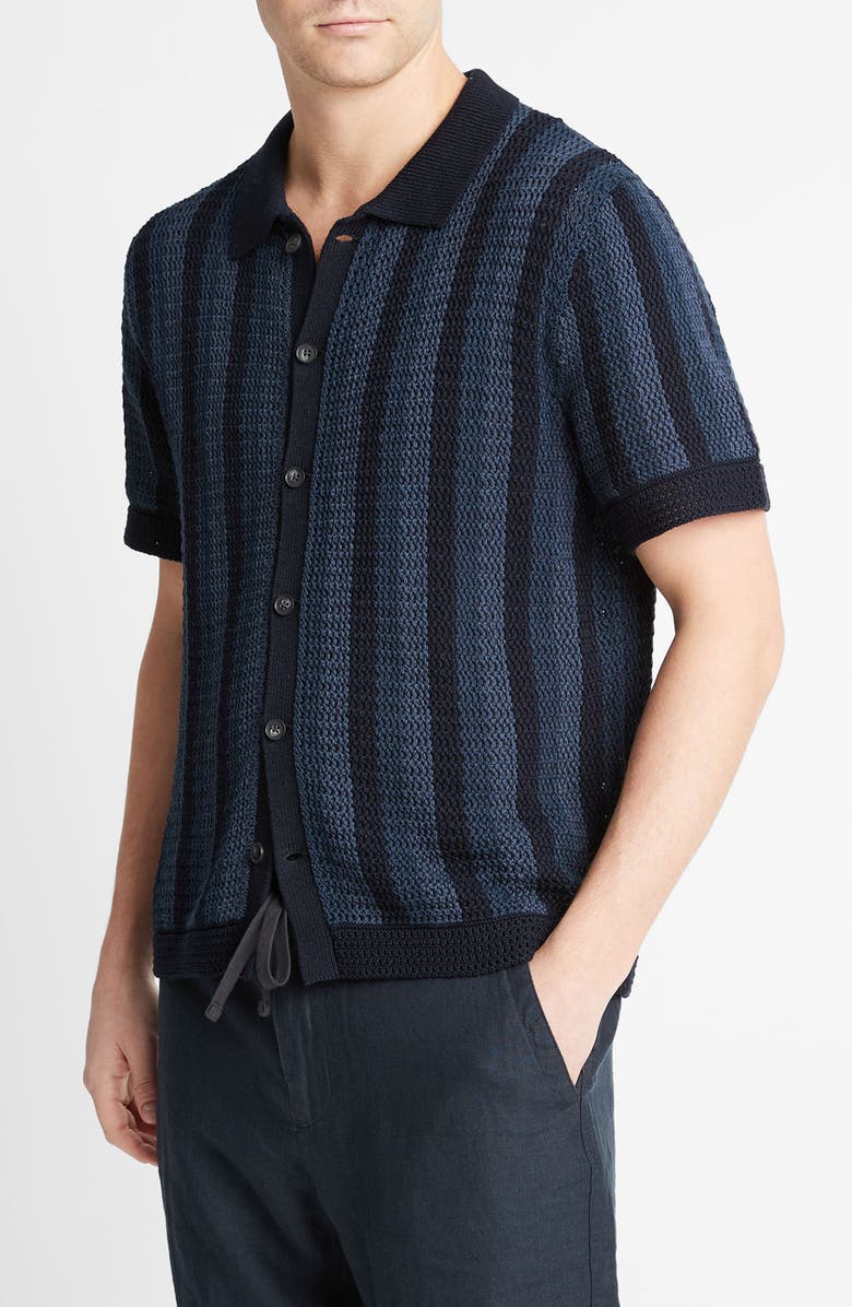 Vince Crochet Stripe Short Sleeve Button-Up Cotton Sweater, Alternate, color, Coastal Combo