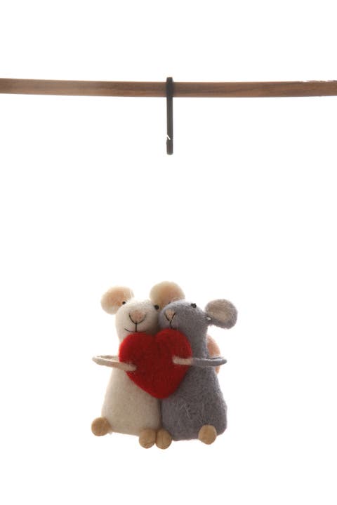 Wool Felt Mice Holding Heart Ornament