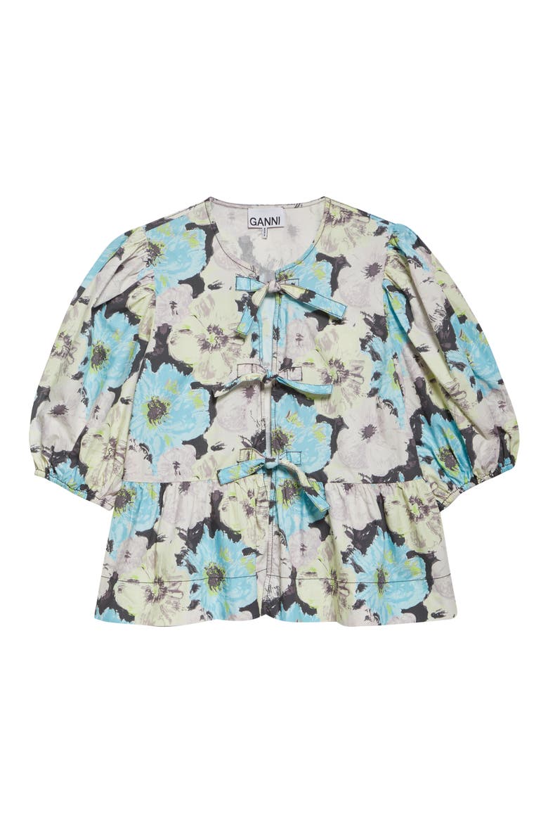 Print Puff Sleeve Peplum Organic Cotton Top, Alternate, color, WHITE MULTICOLOR