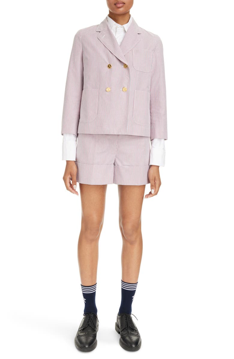 Thom Browne Unconstructed Fit Stripe Crop Double Breasted Blazer, Alternate, color, 