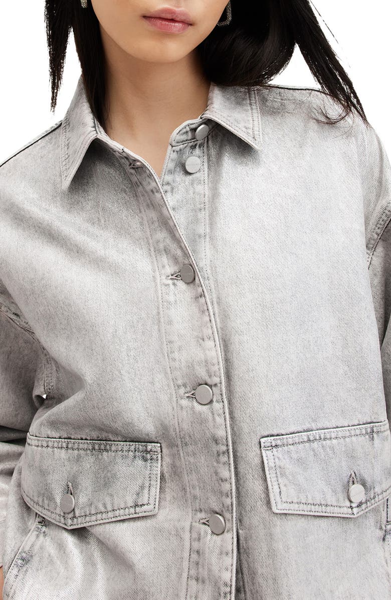 AllSaints Hettie Raw Hem Denim Shacket, Alternate, color, Coated Silver