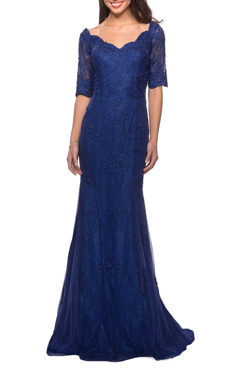 La Femme Beaded V-Neck Lace Gown, Main, color, 