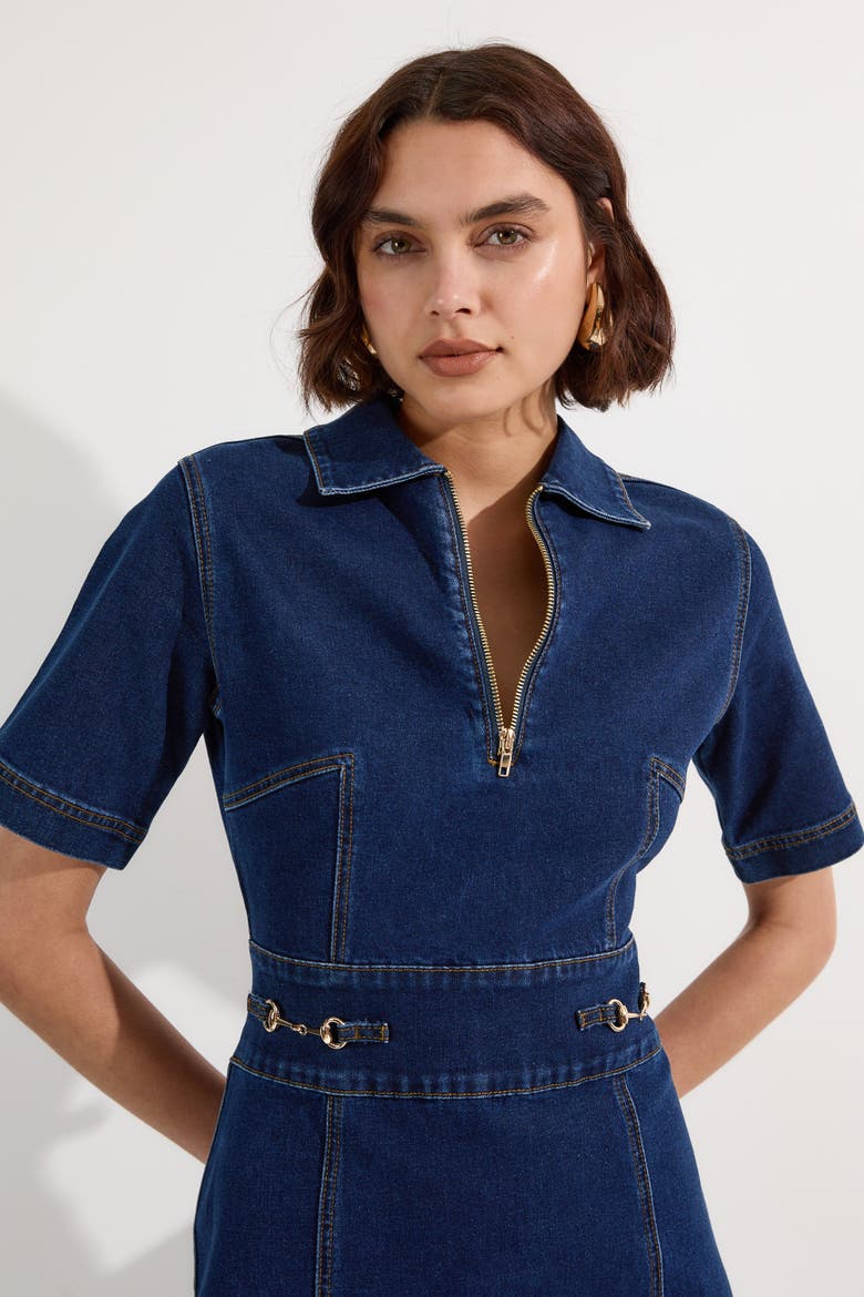 Trim Collared Denim Midi Dress, Alternate, color, Mid Wash