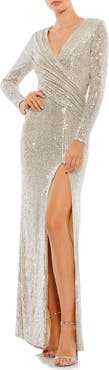 Mac Duggal Sequined Long Sleeve Faux Wrap Ruched Gown