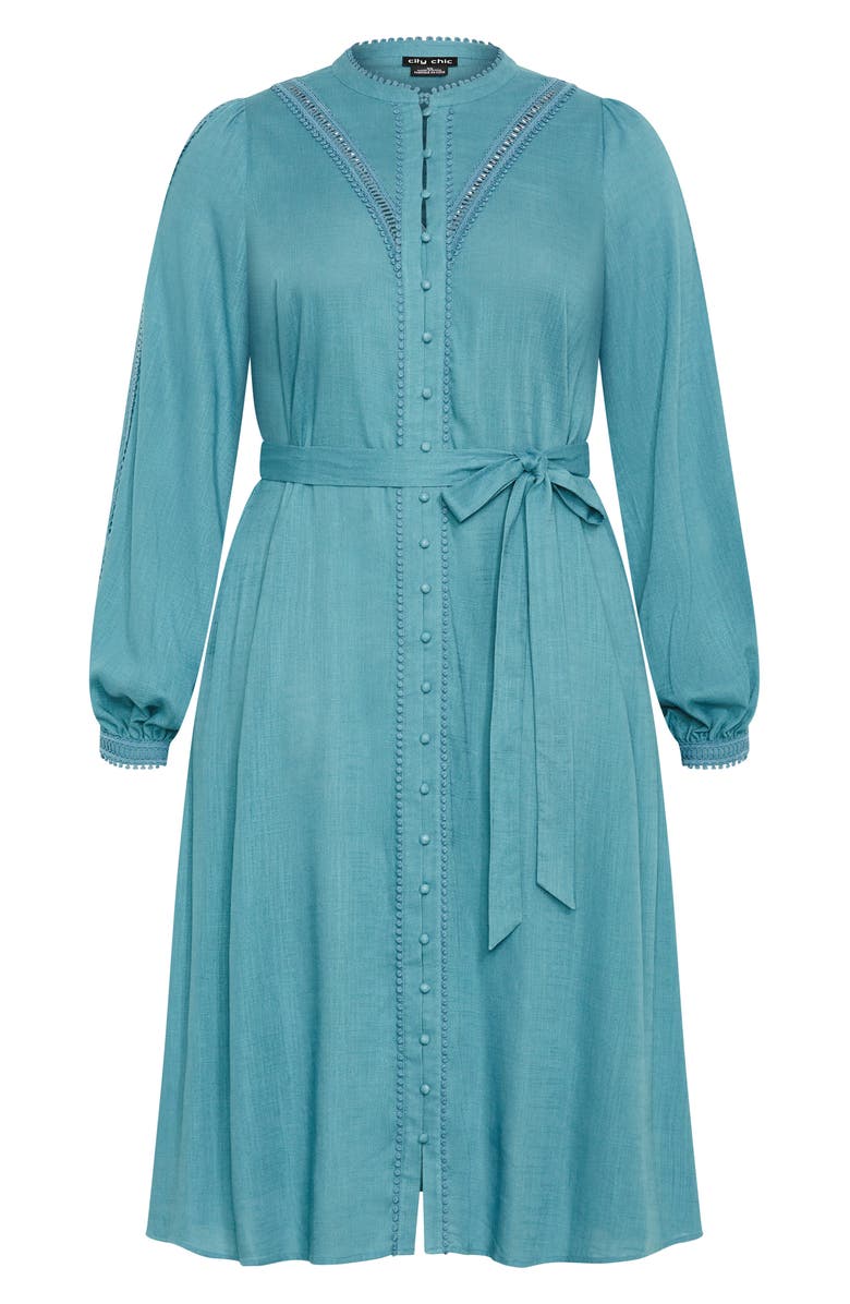 City Chic Mysteria Long Sleeve Button Front Dress, Alternate, color, Blue