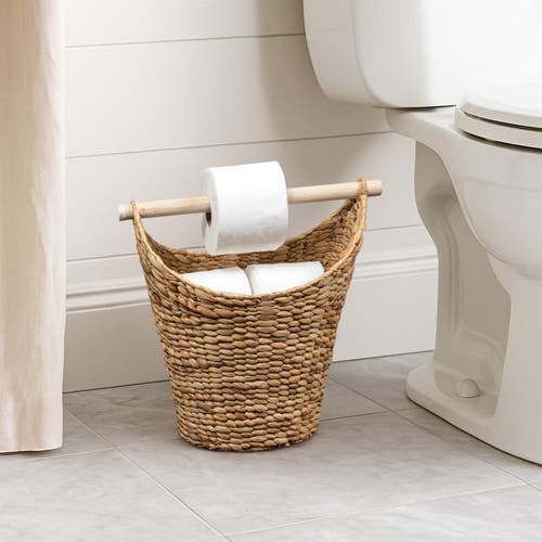 Happimess Talia Classic Coastal Hand-woven Water Hyacinth Toilet Paper Basket With Wood Bar In Brown