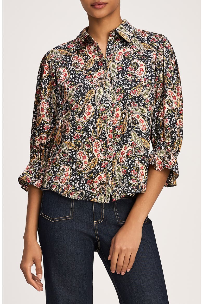 Rose Paisley Three Quarter Sleeve Shirt, Main, color, BLACK MULTI