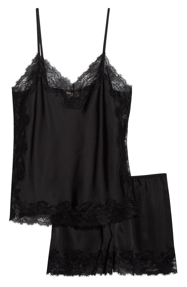 Open Edit Lace Trim Satin Short Pajamas, Alternate, color, Black